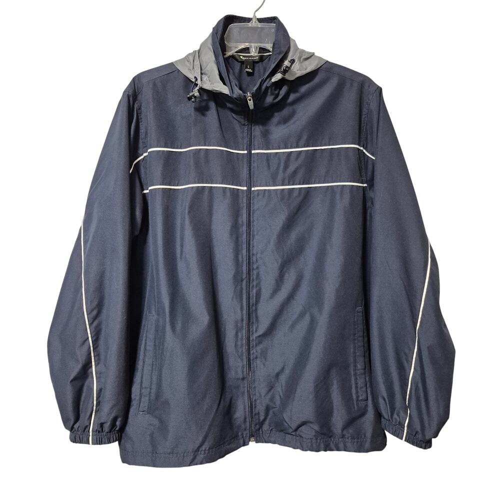 Tek Gear Mens Large Windbreaker Jacket Full Zip Hidden Hood Navy Blue